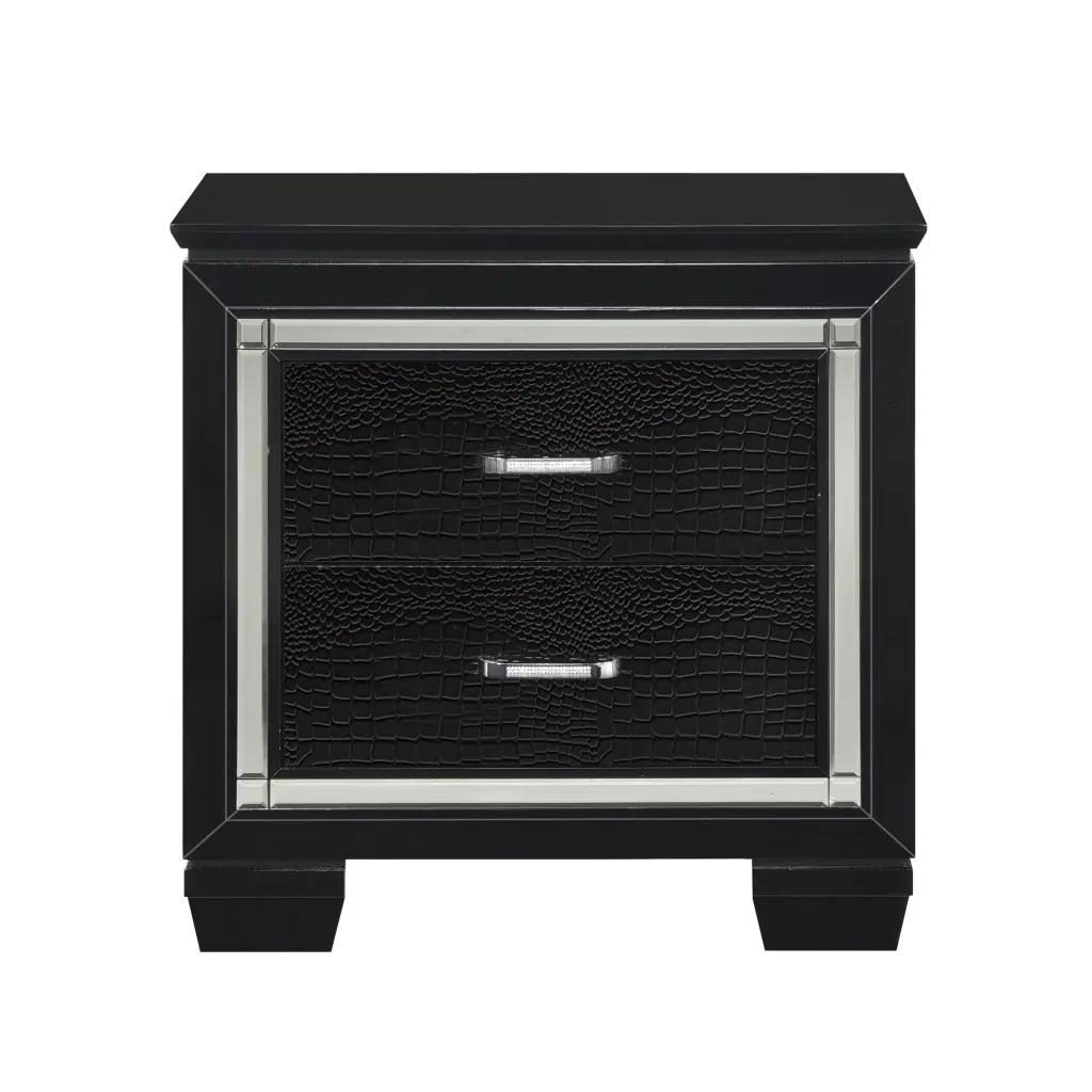 Glamorous Black Finish Nightstand 2 Dovetail Drawers and Faux Alligator Texture kanepe
