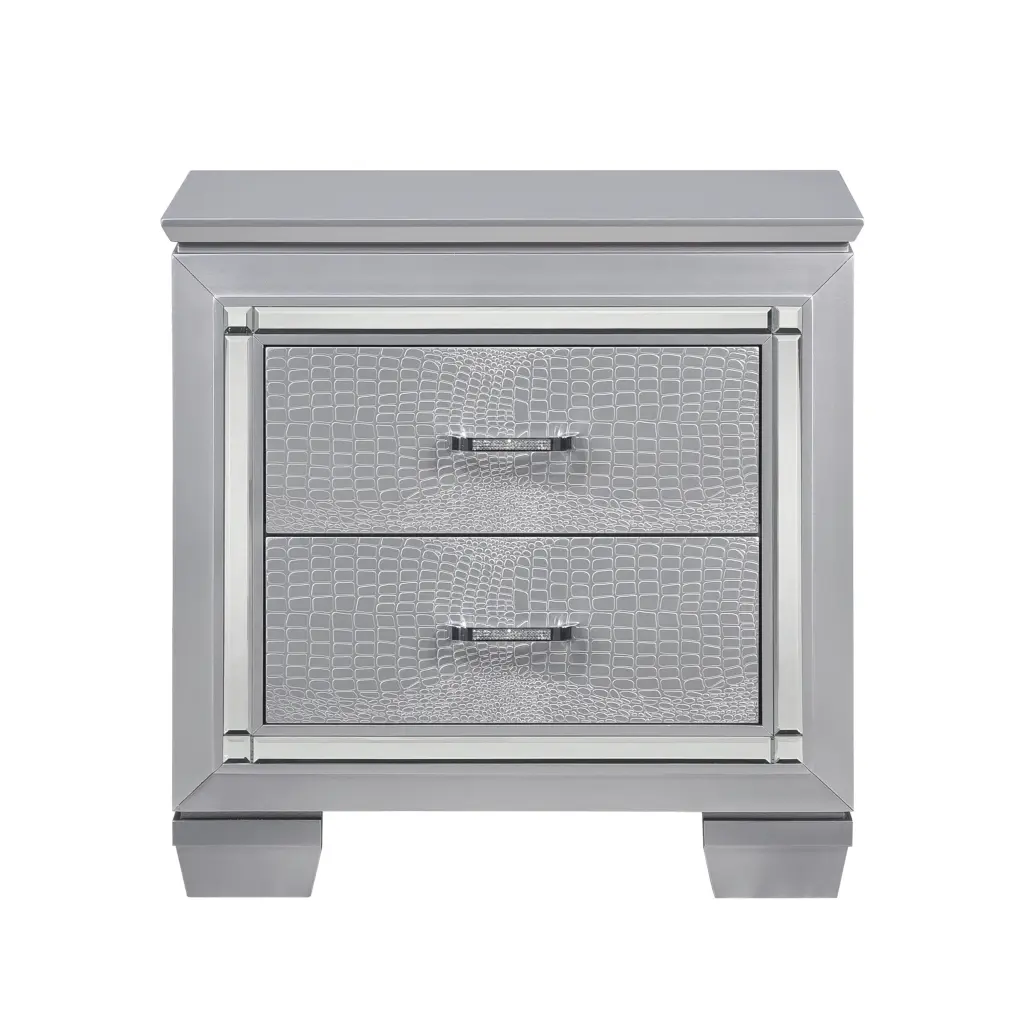 Glamorous Shiny Metal Finish Nightstand 2 Dovetail Drawers Faux Alligator kanepe