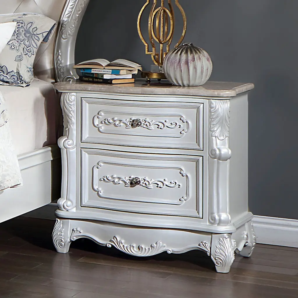 Pearl White Traditional Solid Wood Nightstand 2 Drawers and Round Design kanepe