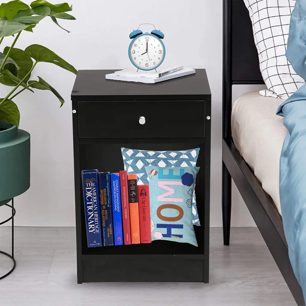 KARMAS PRODUCT Black Nightstand End Table Drawers Storage Shelf Bedroom Living Room Easy Assembly