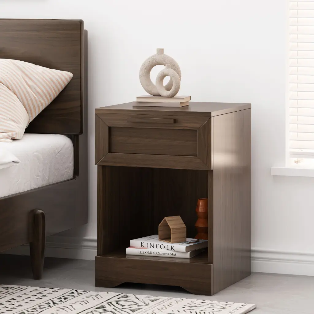 Delaney 1 Drawer Nightstand Walnut Mdf Compact Bedroom Furniture nh-sunfay