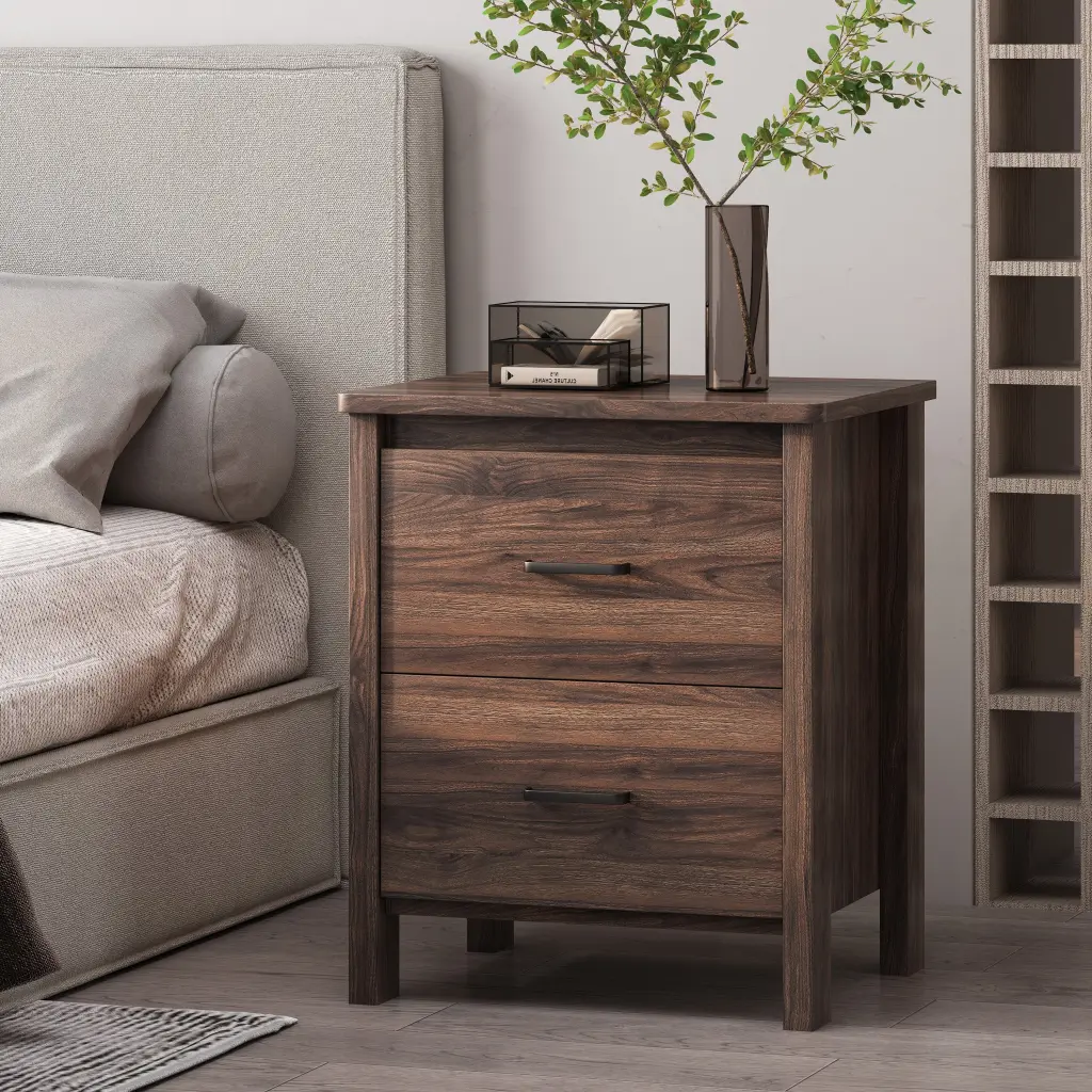 Tool-less Assembly Nightstand Brown MDF Bedside Table Easy Setup nh-sunfay