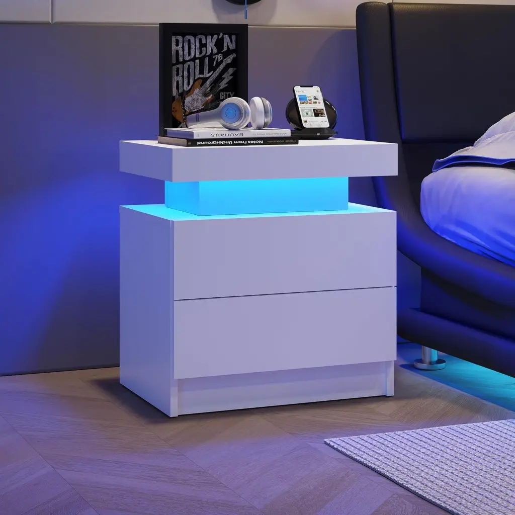 Modern White Nightstand 2 Drawers And LED Lights End Table rnb