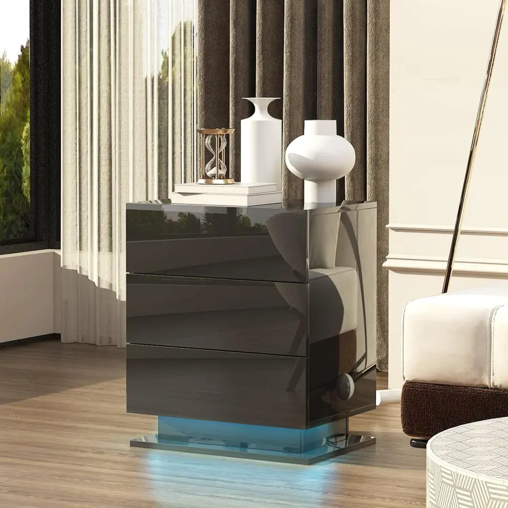 Nightstand 3 Storage Drawers LED Lights End Table Bedroom Furniture rnb
