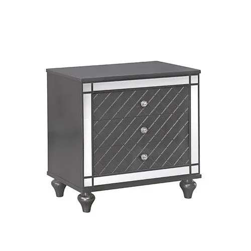 3 Drawer Wooden Nightstand Diamond Pattern And Mirror Inlay Gray royal hampton