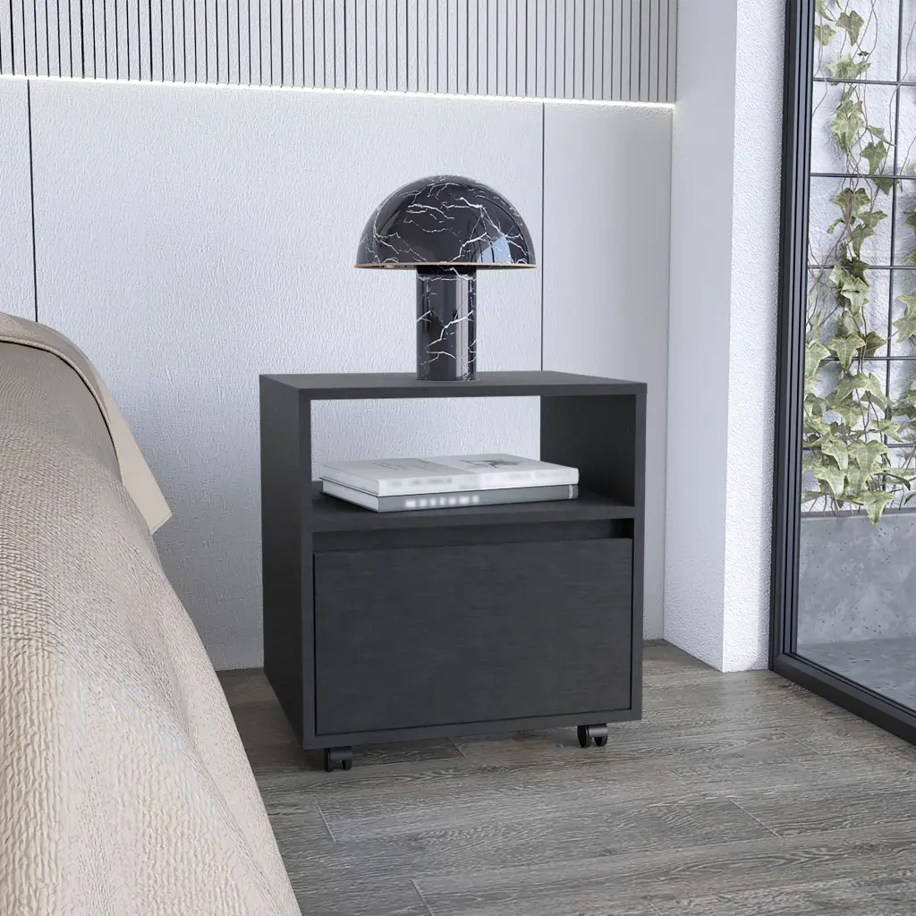 20 Inch Nightstand Open Shelf, Drawer and Casters Black rta mubles colombia