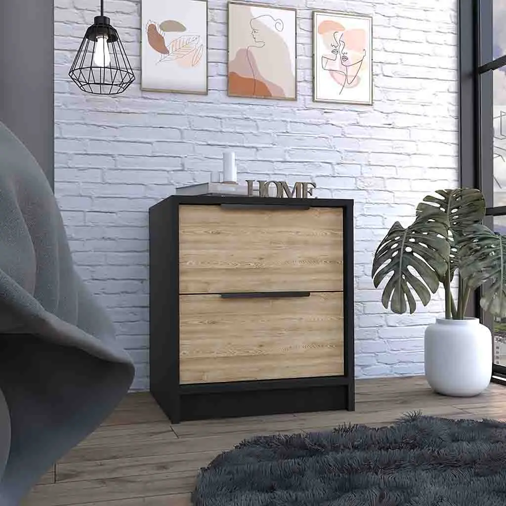 Modern Nightstand 19 Inch Height Two Drawers Black Pine Multicolor Particle Board rta mubles colombia