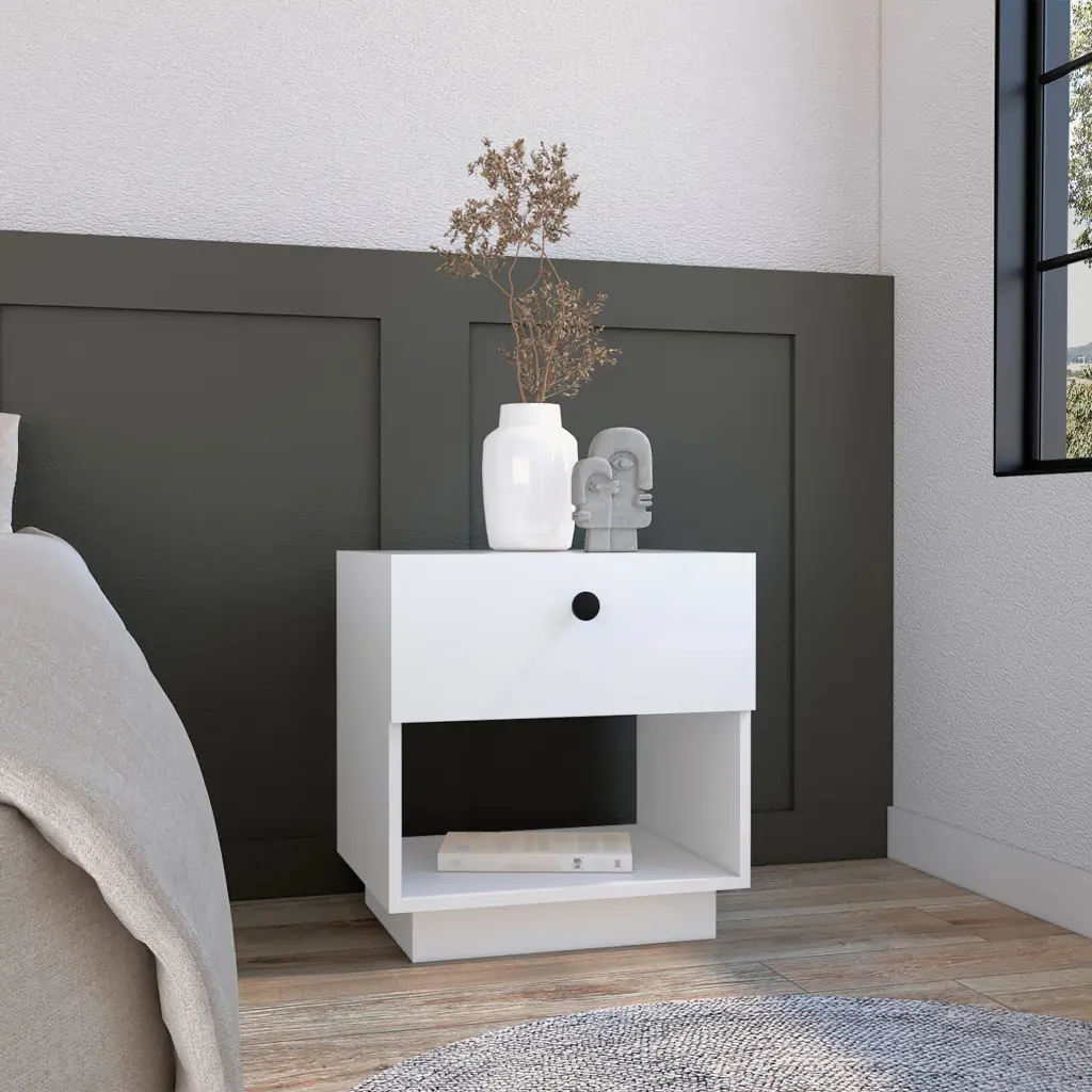 Single Drawer Nightstand 19 Inches High Open Storage Shelf White rta mubles colombia