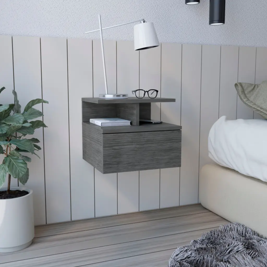 Adele Floating Nightstand Drawer and Open Storage Shelves Smoke Gray rta muebles colombia