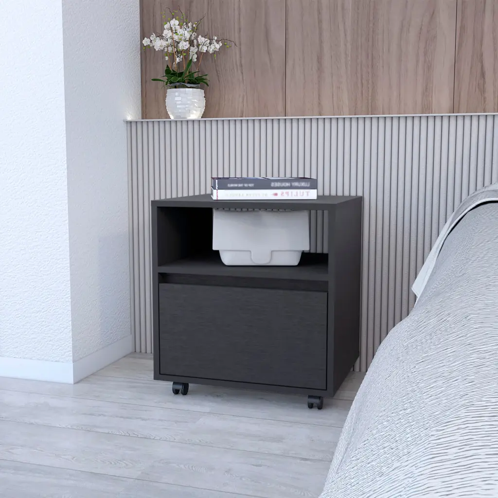 Duncan Nightstand Top Open Shelf and 1 Drawer Bedroom Black Finish rta muebles colombia