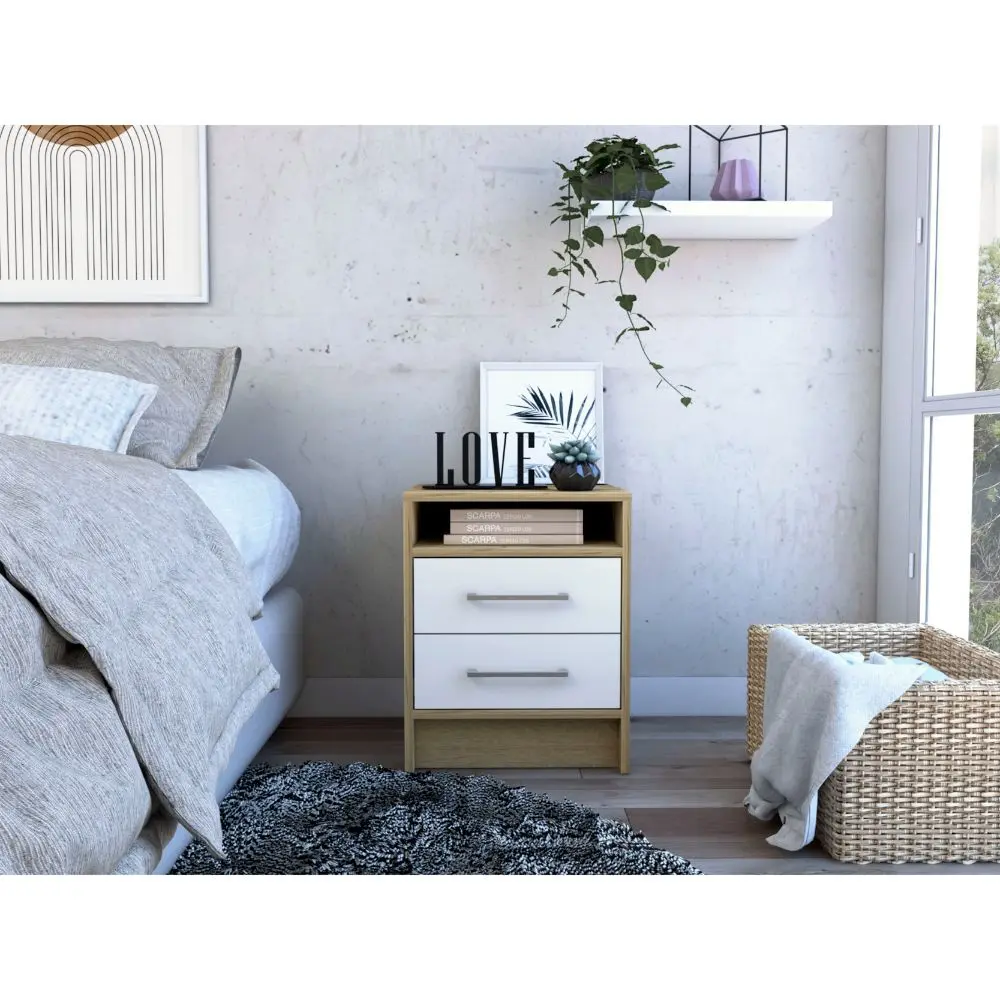 20 Inch Nightstand Two Drawers, High-Quality Top and Metallic Handles White rta muebles colombia