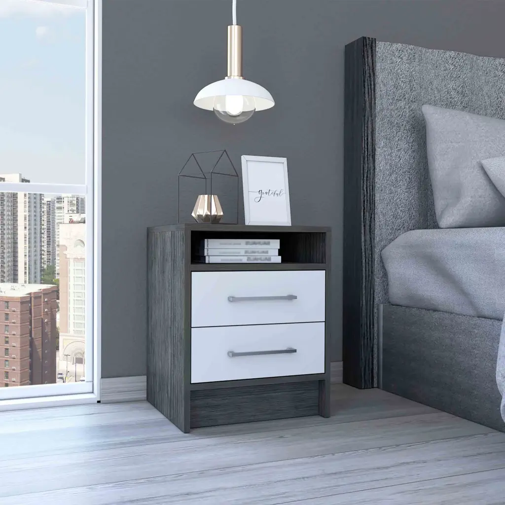 Philadelphia Nightstand Two Drawers Concealed Shelf Multicolor Smoke Finish rta muebles colombia
