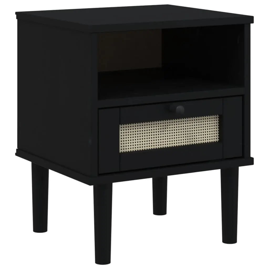 SENJA Rattan Look Bedside Cabinet Black Solid Wood Pine 15.7x13.8x18.9 Inches