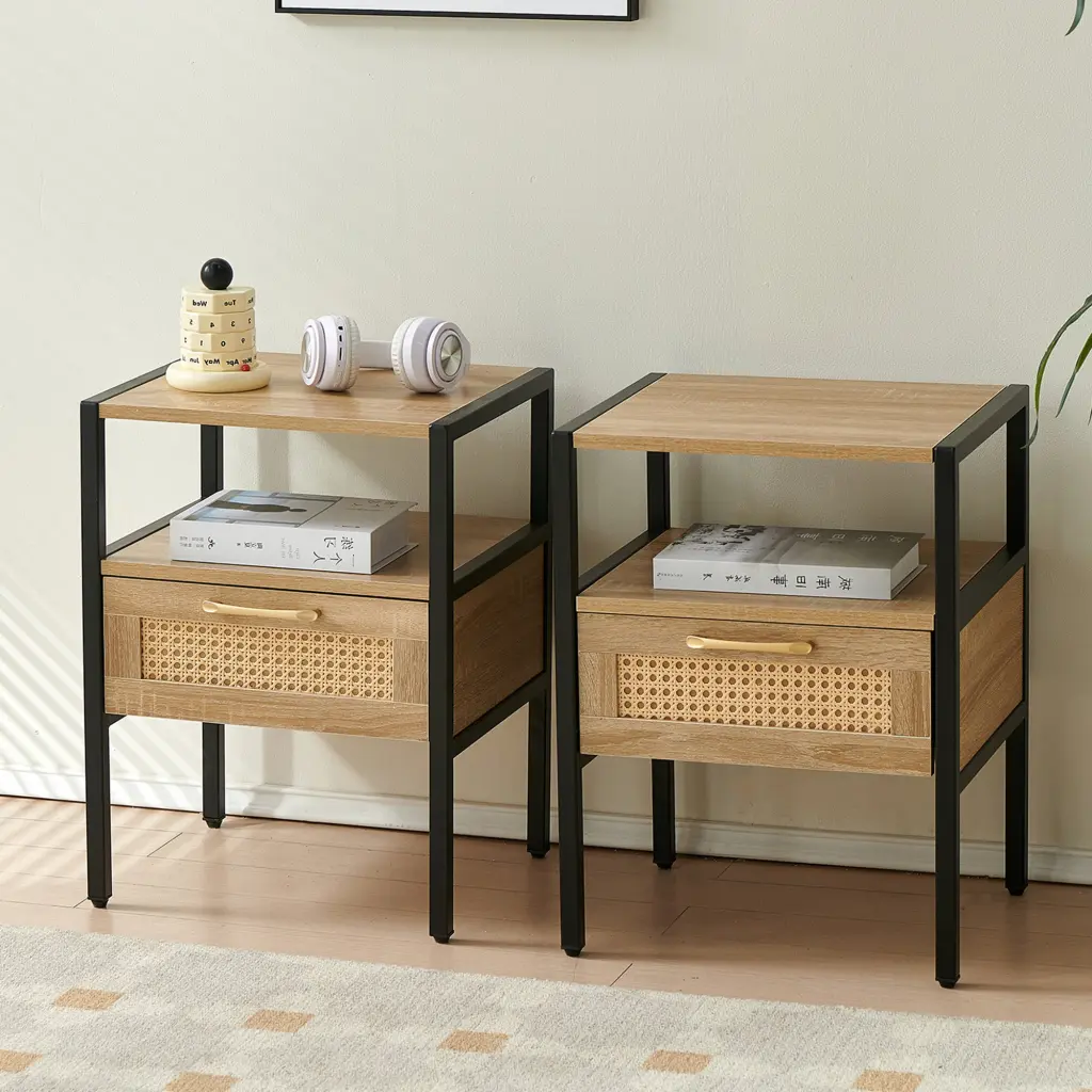Set 2 Modern Rattan End Tables Drawer and Metal Frame Nightstands sya furniture