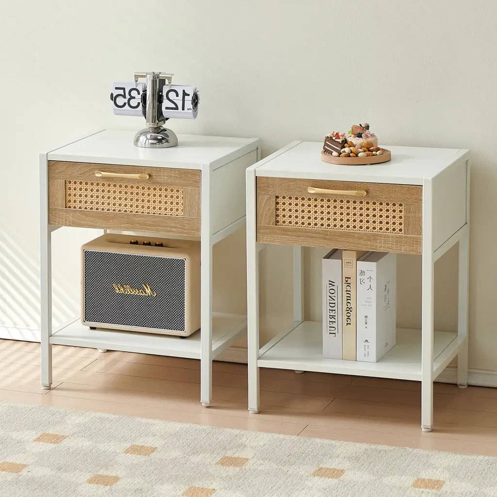 Set 2 Rattan End Tables Drawer Modern Nightstand Metal Frame sya furniture