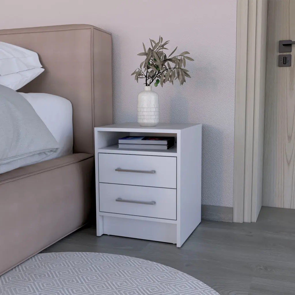 White Modern Nightstand Chase 2 Drawers Engineered Wood Bedside Table treevol furniture