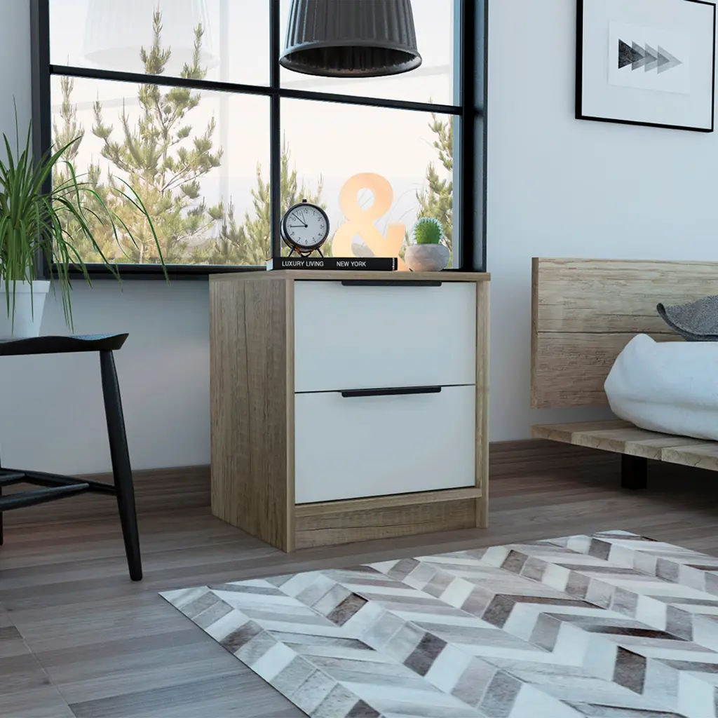Kaia Nightstand Side Table Two Drawers Metal Handle White tuhome