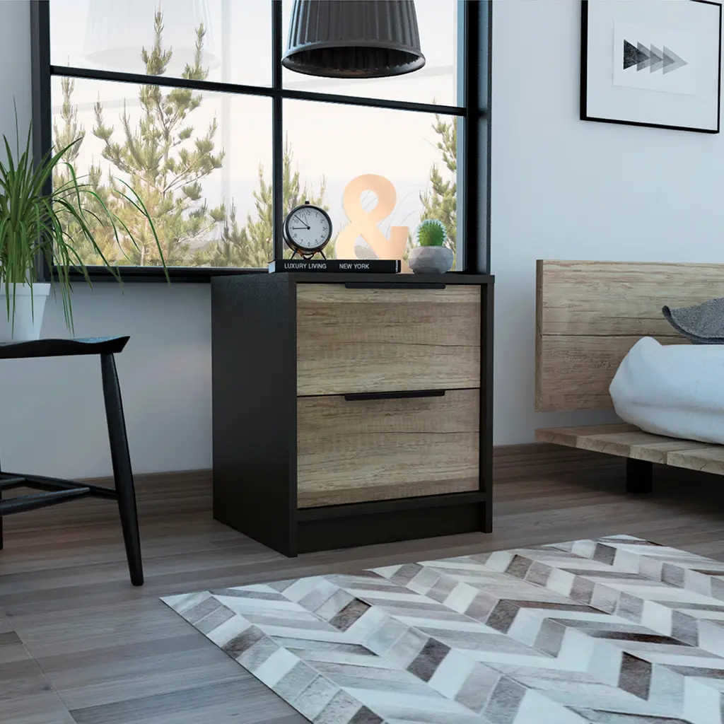 Kaia Nightstand Side Table Two Drawers and Metallic Handle Black Finish tuhome