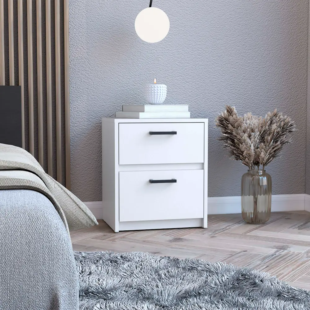 Trivor 2 Drawers Nightstand Side Table Metal Handles White Finish tuhome