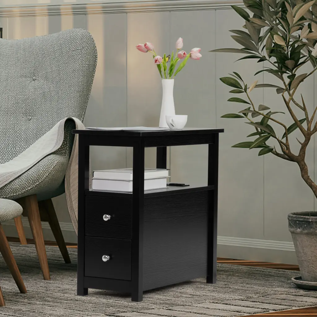 Narrow End Table Charging Station - Wooden Nightstand Sofa or Bedside w2181