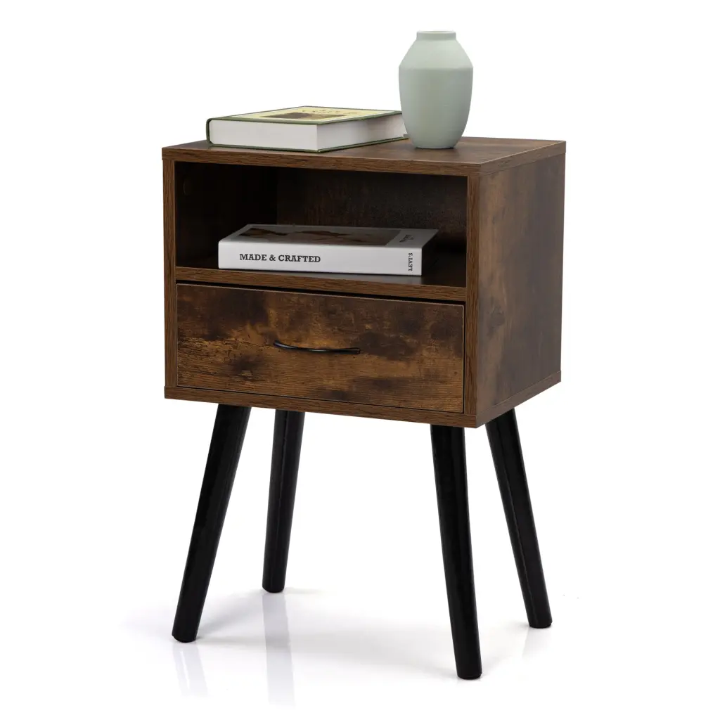 Set 2 Mid Century Nightstands - Side Table Drawer and Shelf Bedroom w2181