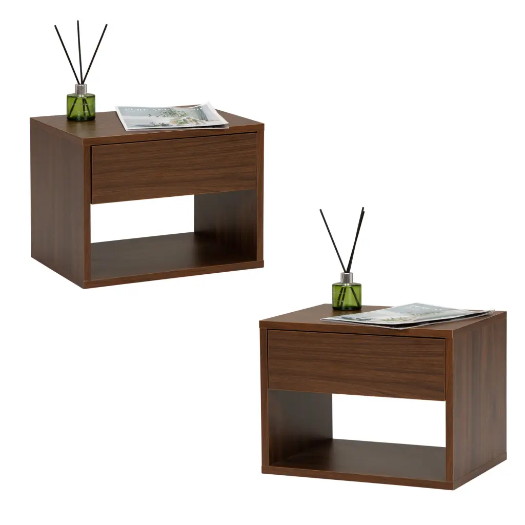 Wall Mounted Bedside Table Set Two Walnut Color Walnut Particle Board w2181