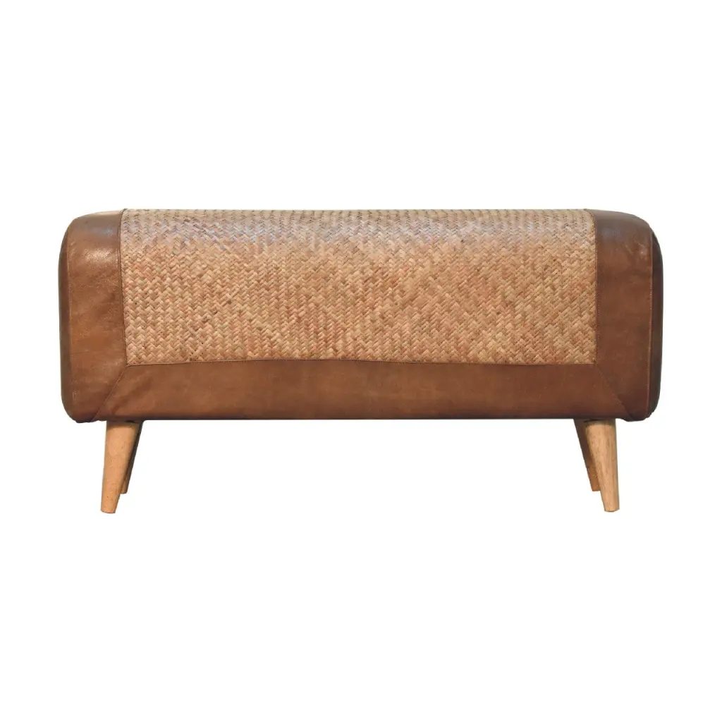 Large Seagrass Buffalo Hide Nordic Bench Oak Leather Solid Wood artisan furniture