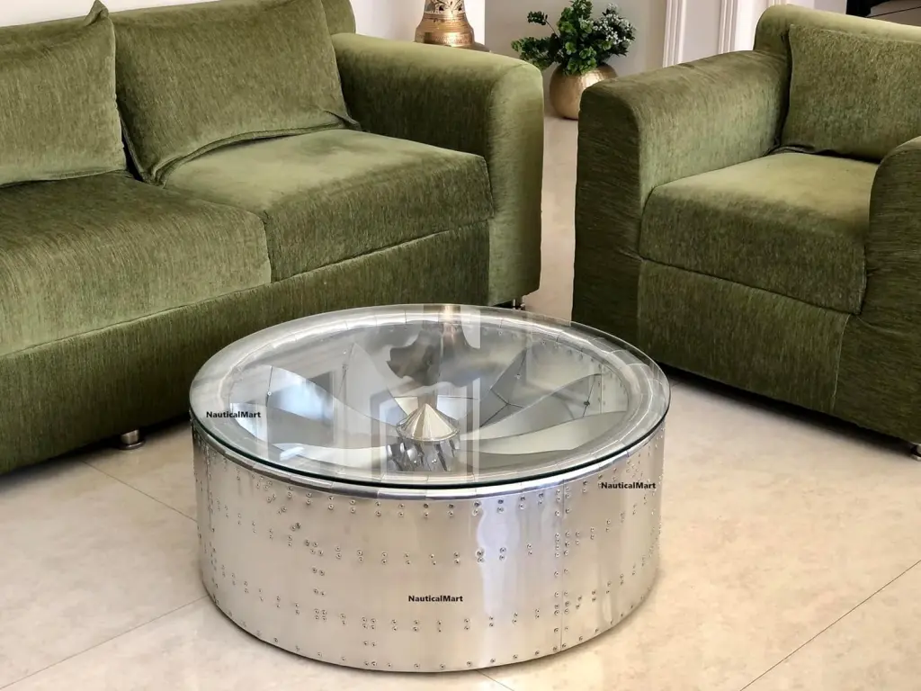 NauticalMart Round Aviator Jet Engine Turbine Coffee Table Aluminum Furniture 36 Inches