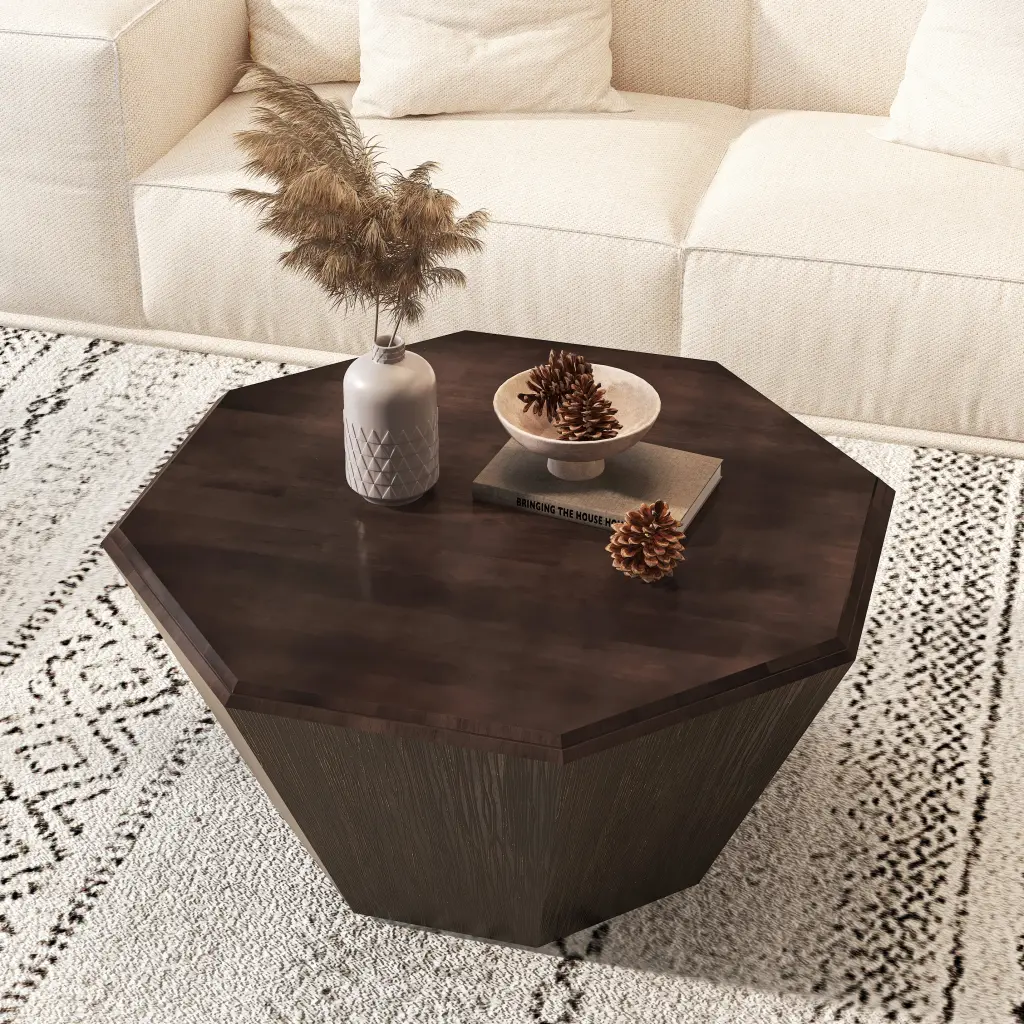 31.5 Inch Octagonal Black Walnut Elastomer Timber Coffee Table rnb