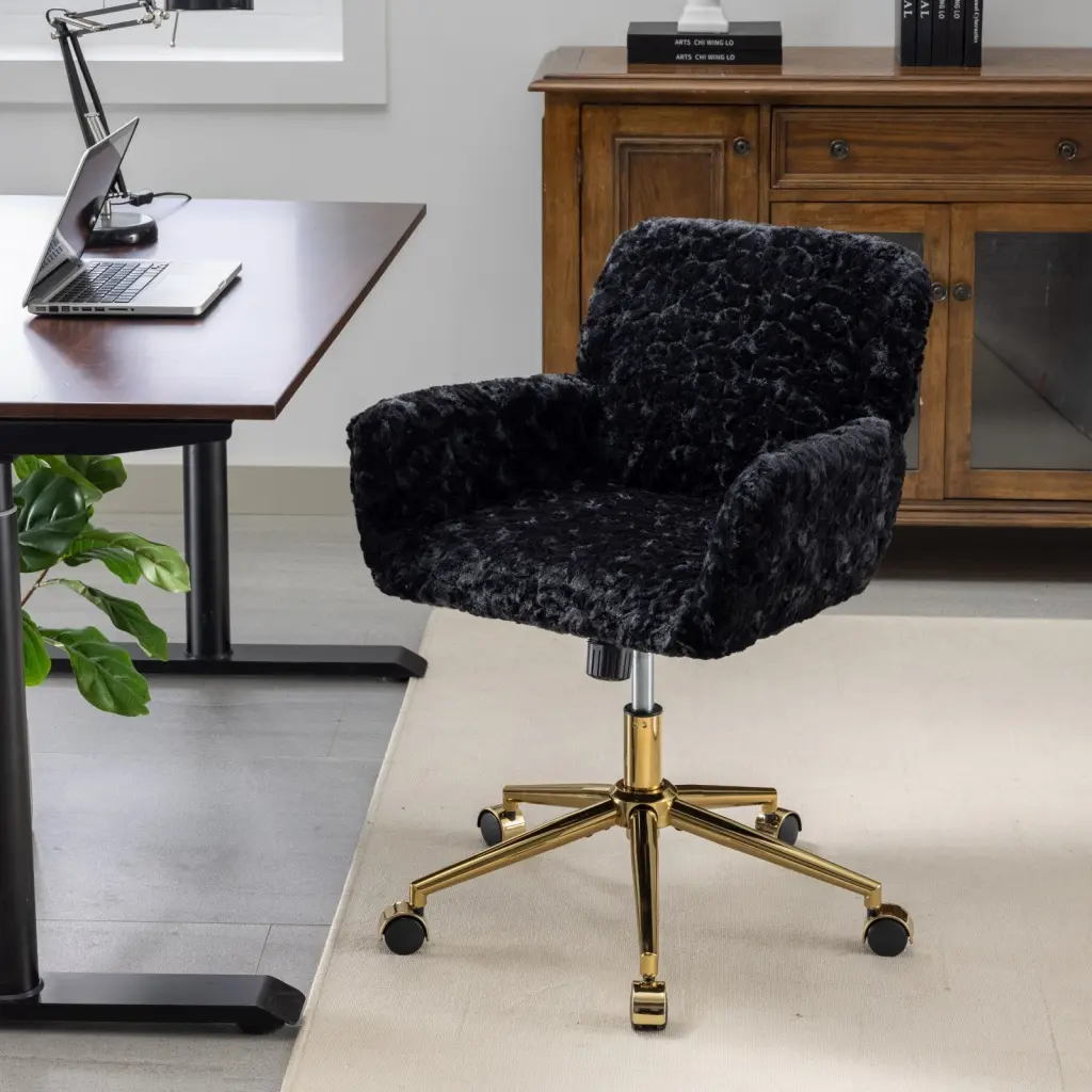 Artificial Rabbit Hair Home Office Chair Golden Metal Base a-a furniture