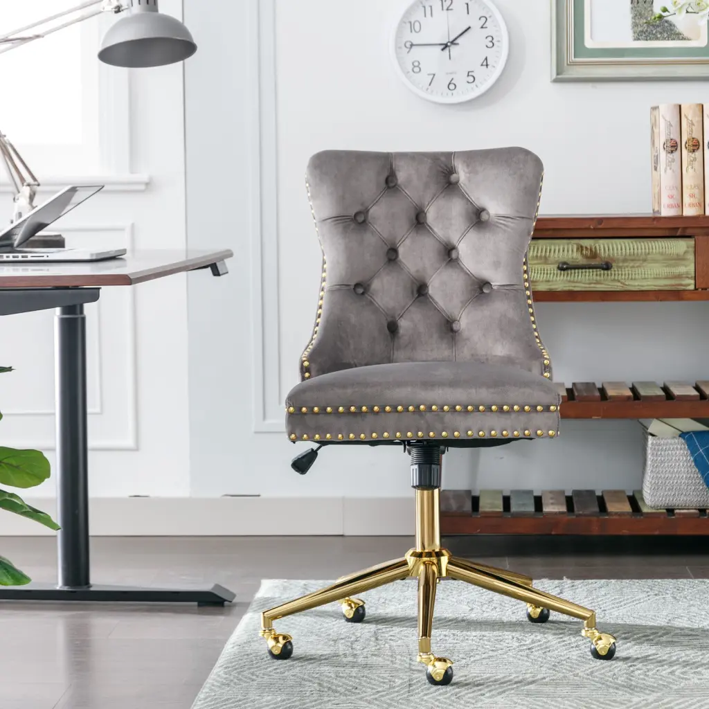 Velvet Upholstered Tufted Button Home Office Chair Gold Base Ergonomic Seat a-a furniture