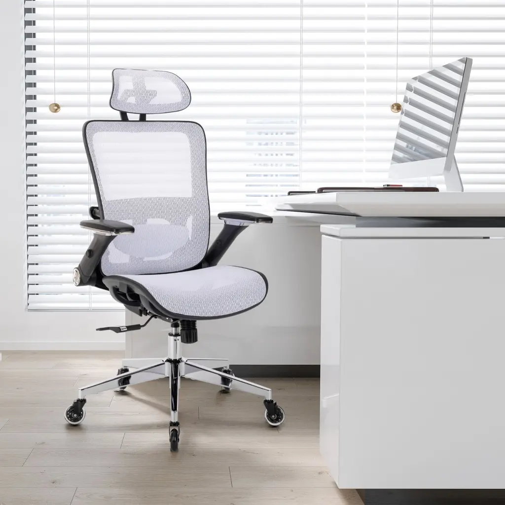 White Comfort-Fit Mesh Office Chair High Back and Adjustable Headrest ergopro