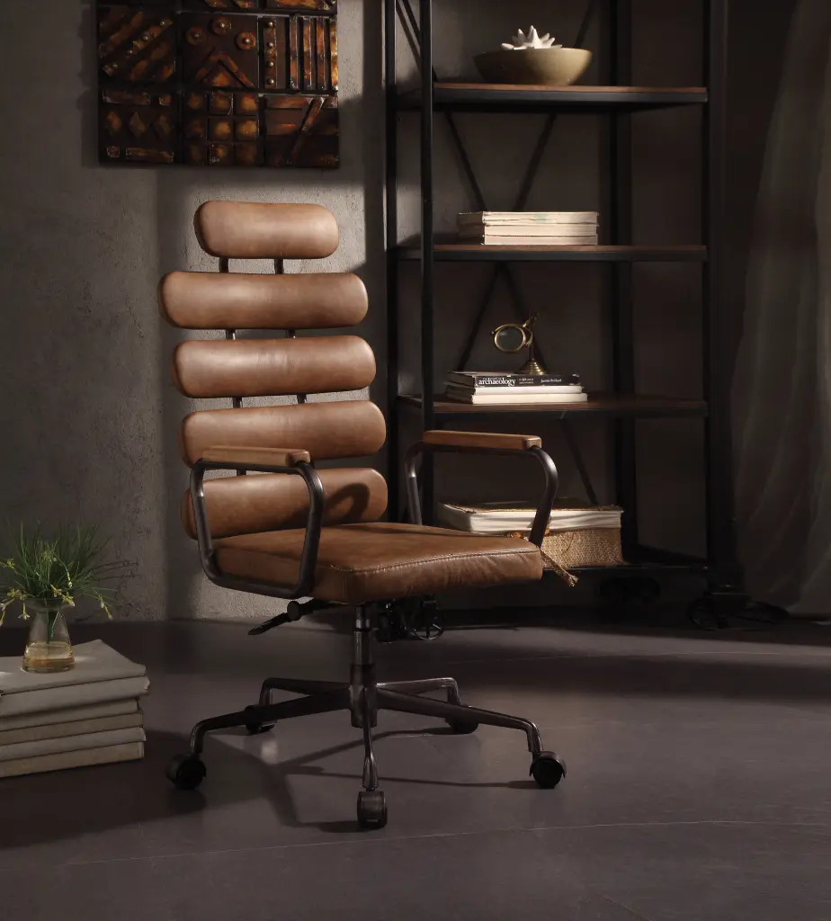 Retro Brown Swivel Office Chair Pneumatic Lift And Caster Wheels Solid Wood Base furniture max