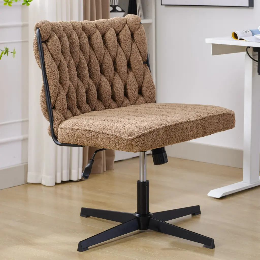 Armless Office Desk Chair No Wheels Brown Foam Polyester Blend lead u furniture