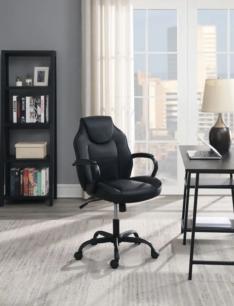 Stationery Chair Black Faux Hide Upholstery poundex