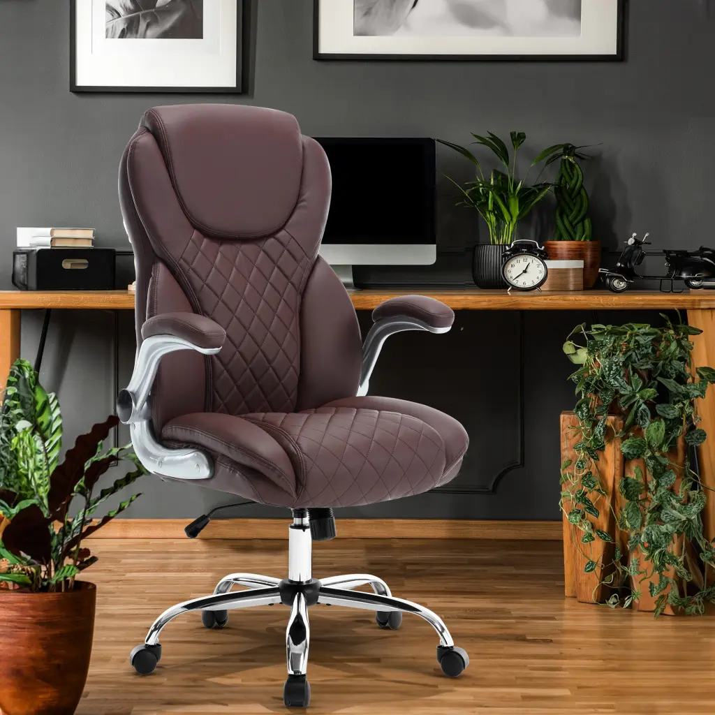 Ergonomic Office Chair Flip Up Armrests And Wheels Leather Rocking Chair t2586