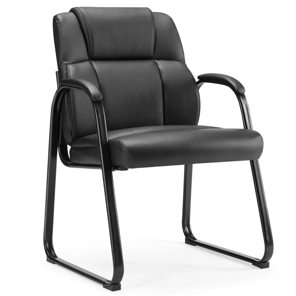 Leather Office Guest Chair No Wheels Comfy Padded Arms and Solid Base w2201