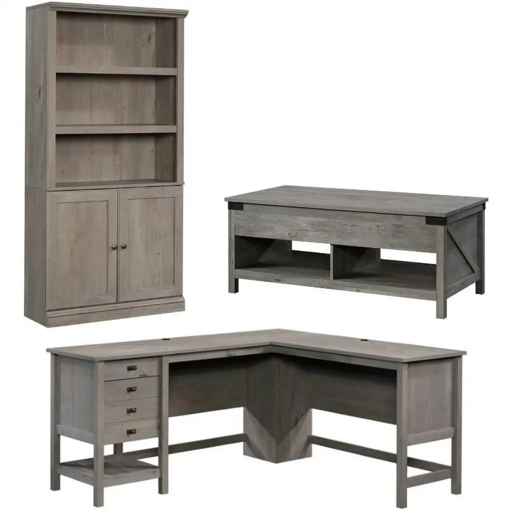 Home Square 3 Piece Set L-Shape Computer Desk, Tall Bookcase, and Coffee Table