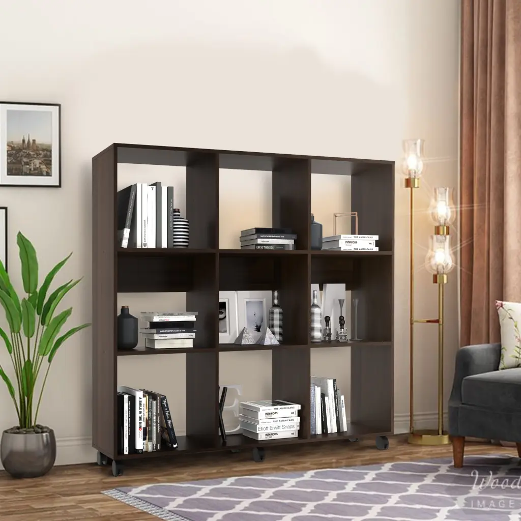 49 Inch Artisan-made Timeless Wood Bookcase 9 Open Compartments and Casters royal hampton