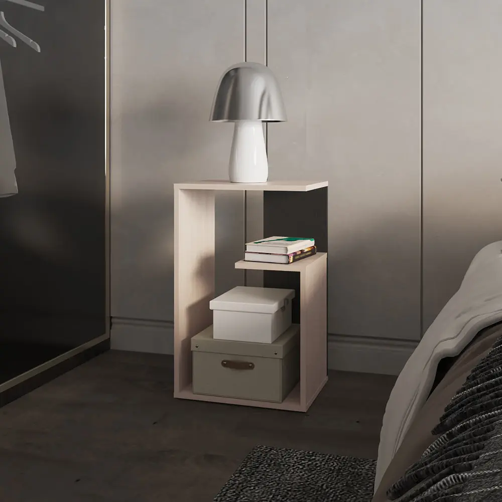 Everet 25 Inch High 3 Tier Open Shelves Night Stand Beige Black Multicolor tuhome