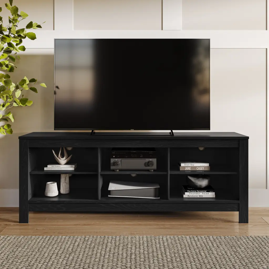 Kris Alley Haruki Ravenwood Black Engineered Wood 6 Open Shelf TV Stand TVs up to 85 Inches Kris & Alley