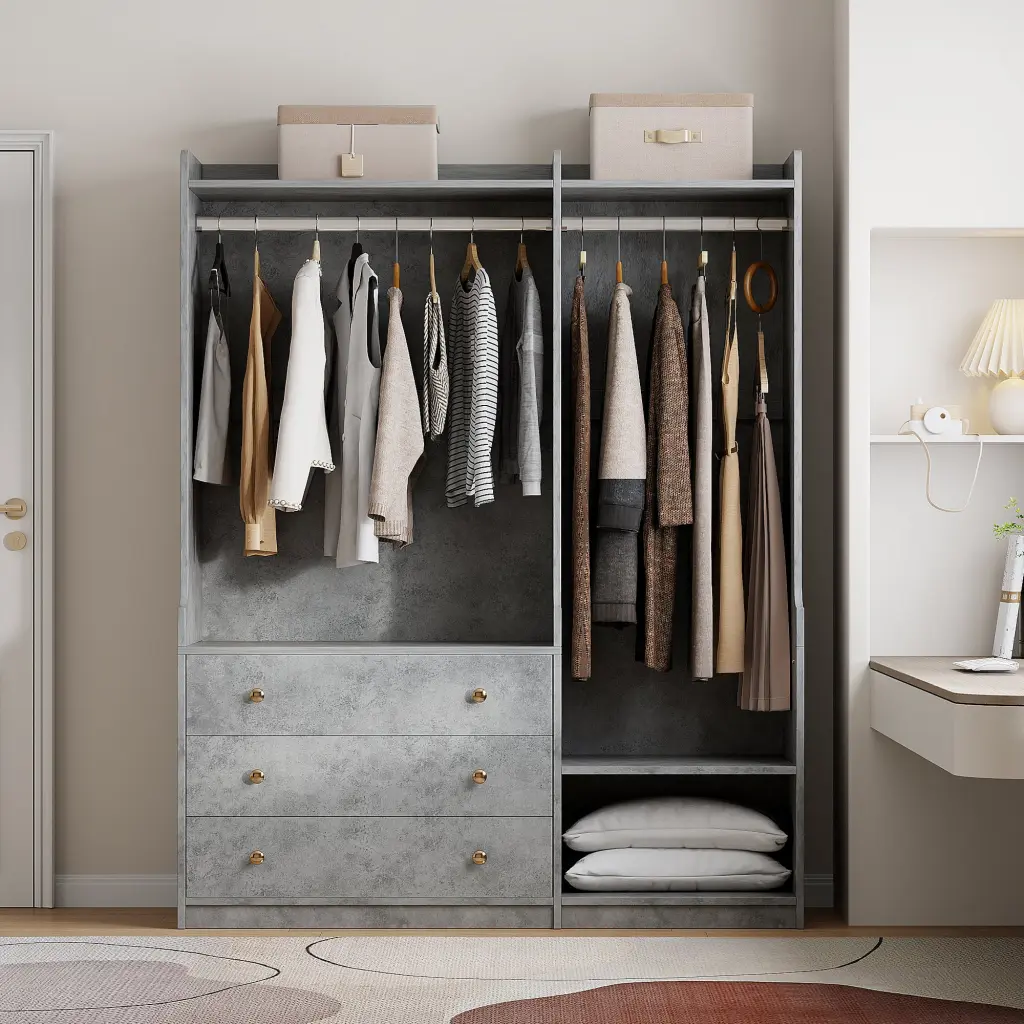 Open Timber Wardrobe Storage Bedroom, Gray Particle Board Closet lucky home