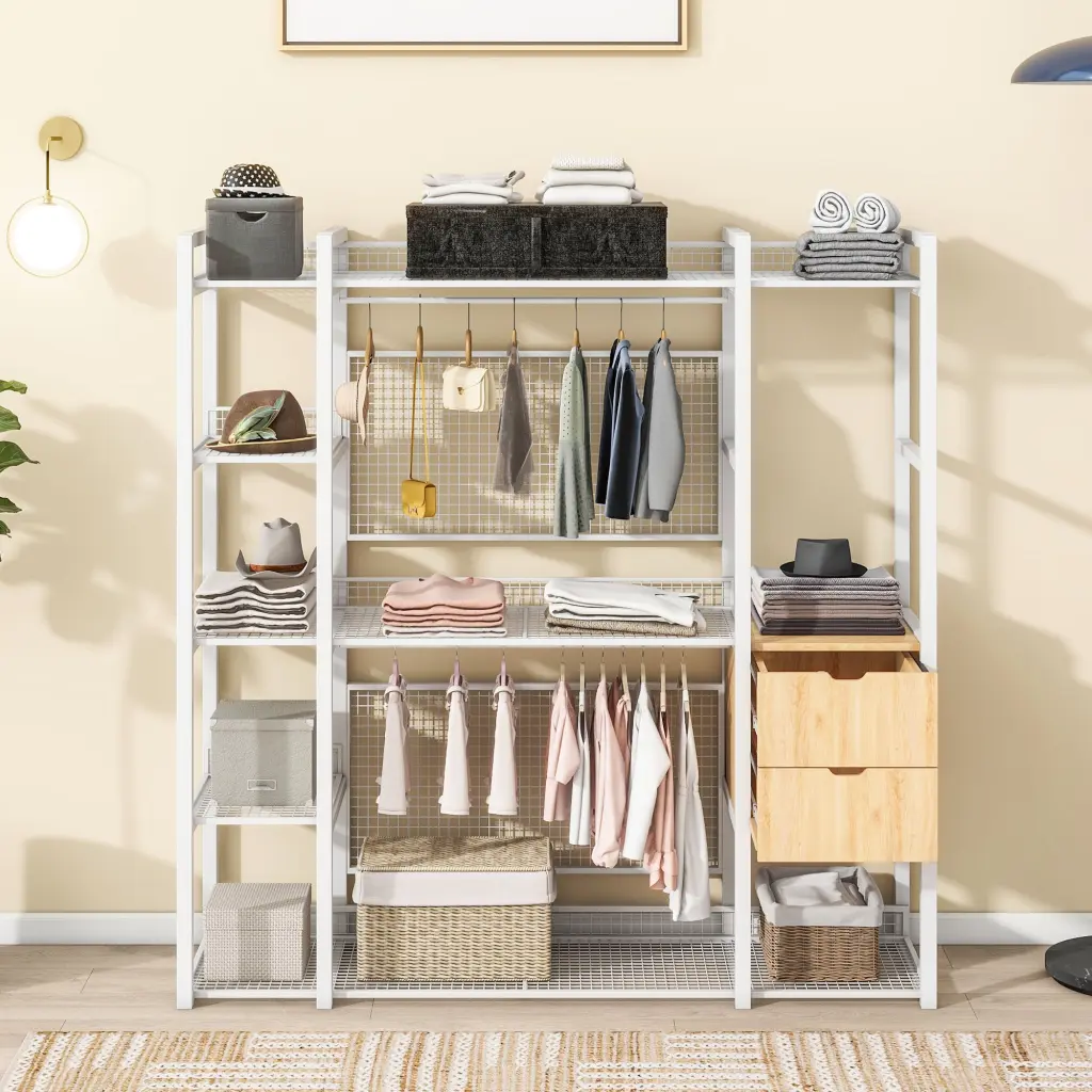 Open Style Wardrobe Hanging Rails Shelves And Drawers White lucky world