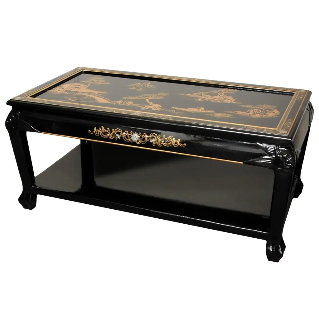 Oriental Furniture Hand Painted Black Wood Rectangle Coffee Table
