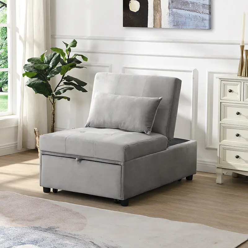 Folding Ottoman Sofa Bed Gray Grey Velvet Convertible Guest Bed beds - sofas
