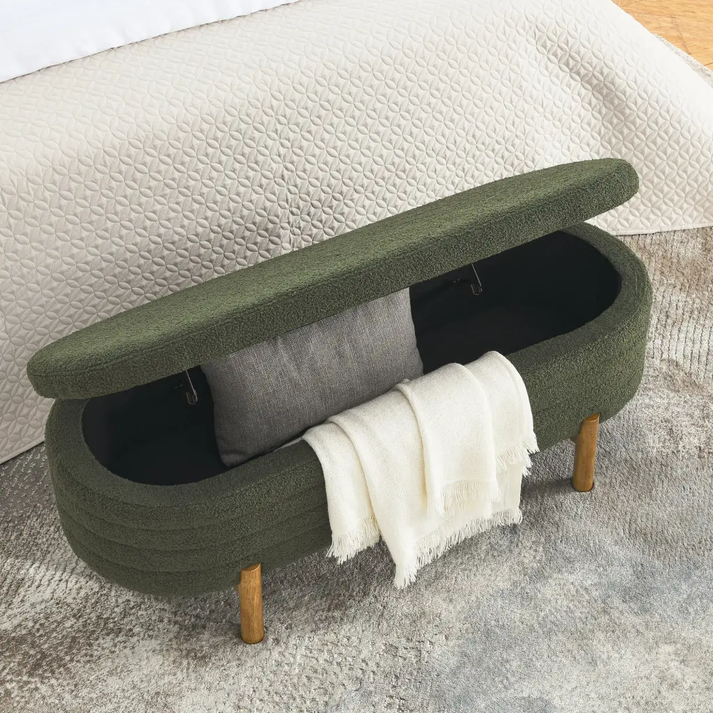 Ottoman Oval Storage Bench Rubber Wood Legs Green 46x17.7x10.8 Inches chuangyuan smart home