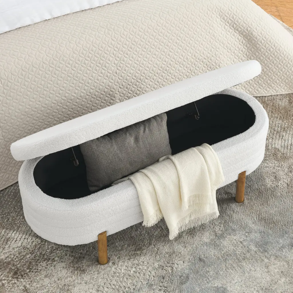 Ottoman Oval Storage Bench Rubber Wood Legs Beige 46x17.7x10.8 Inches chuangyuan smart home