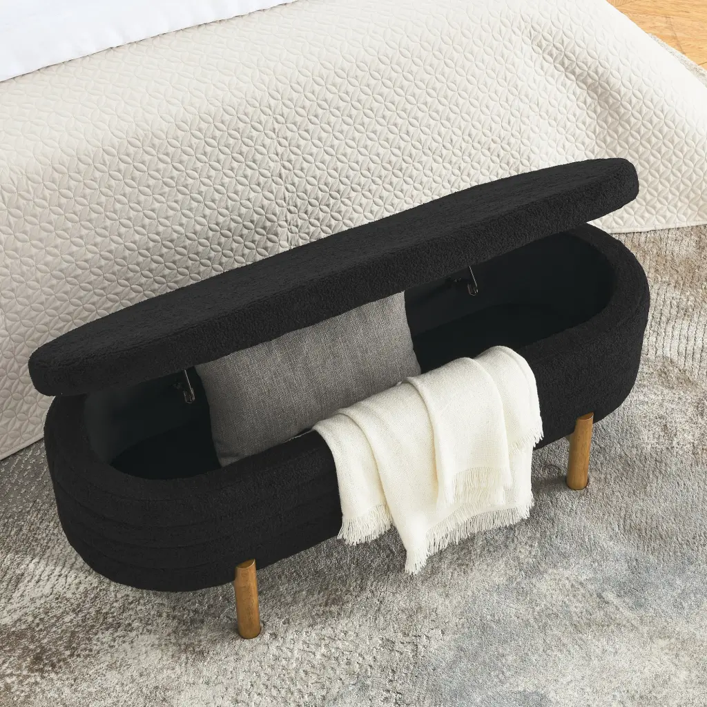 Ottoman Oval Storage Bench Rubber Wood Legs Black 46x17.7x10.8 Inches chuangyuan smart home