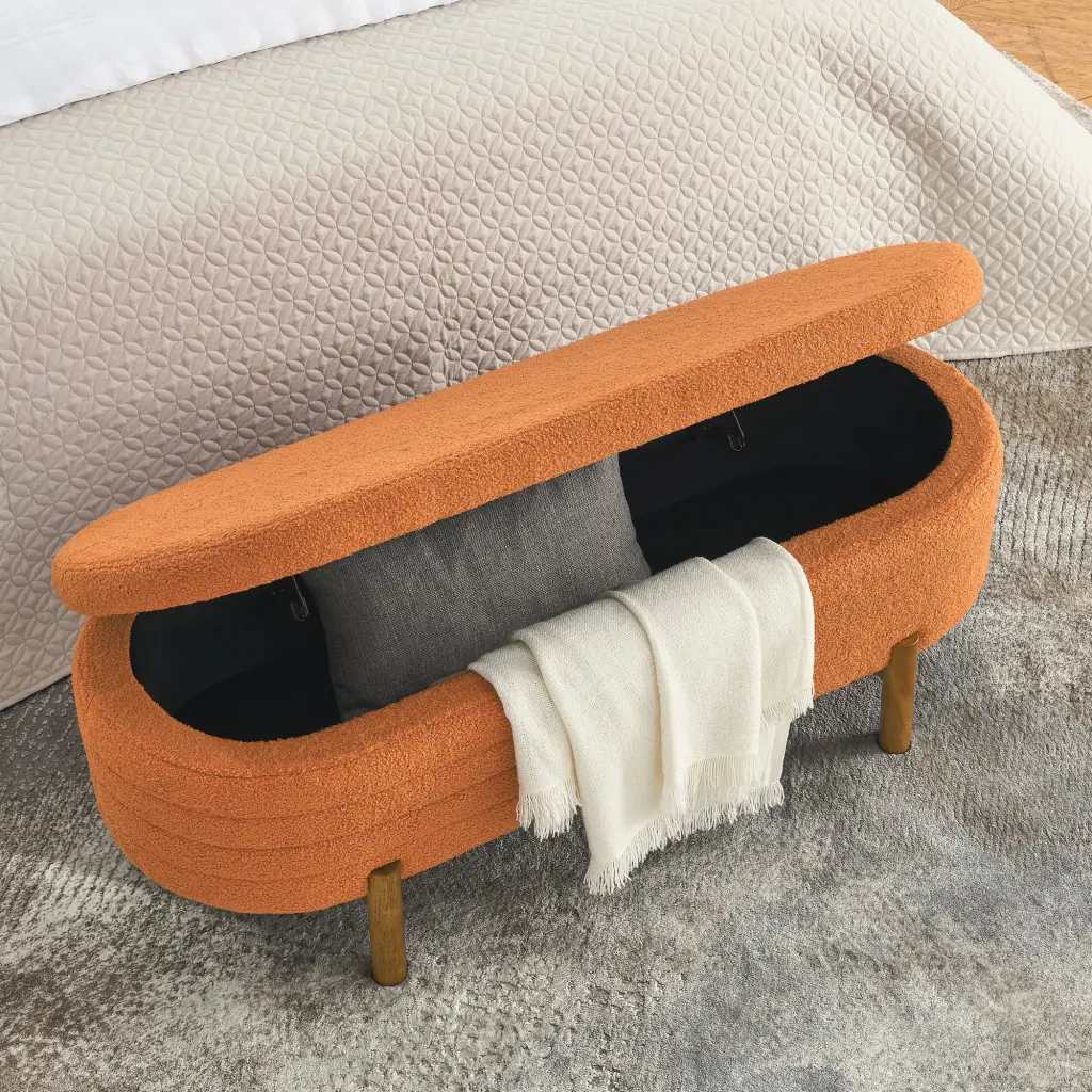 Ottoman Oval Storage Bench Rubber Wood Legs Orange 46x17.7x10.8 Inches chuangyuan smart home