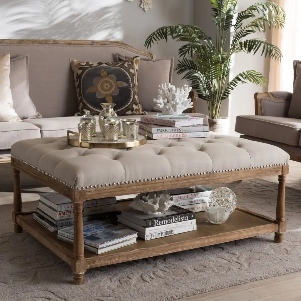 HomeStock French Fabulous Weathered Oak Beige Linen Rectangular Coffee Table Ottoman